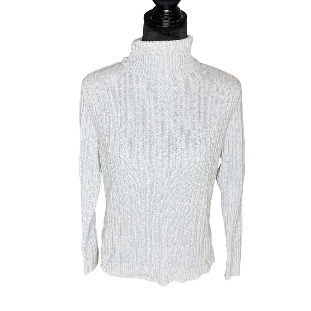Izod Women's sz Large Baby Blue Cable Knit Turtle Neck Sweater Long Sleeve